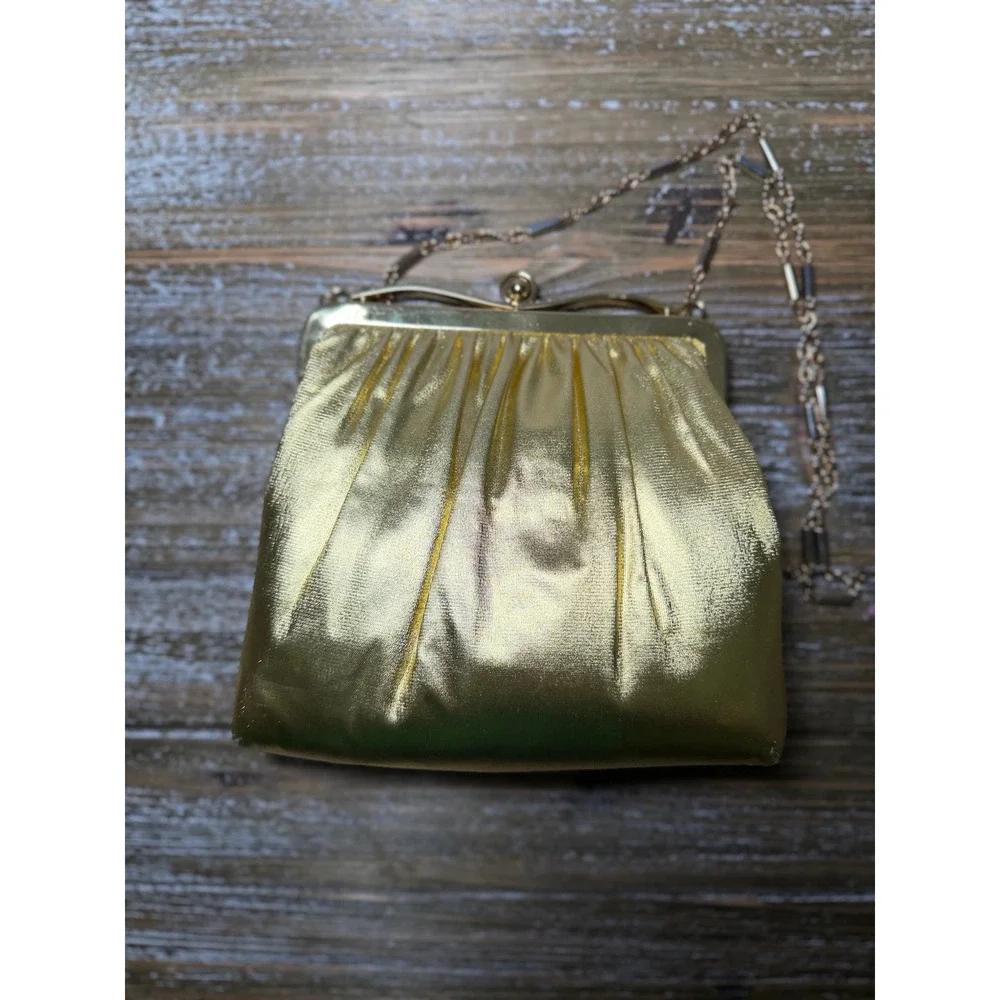 Vintage HL USA Gold Metallic Evening Bag Rhinestone Frame Kiss Lock Clutch Chain - Picture 2 of 8